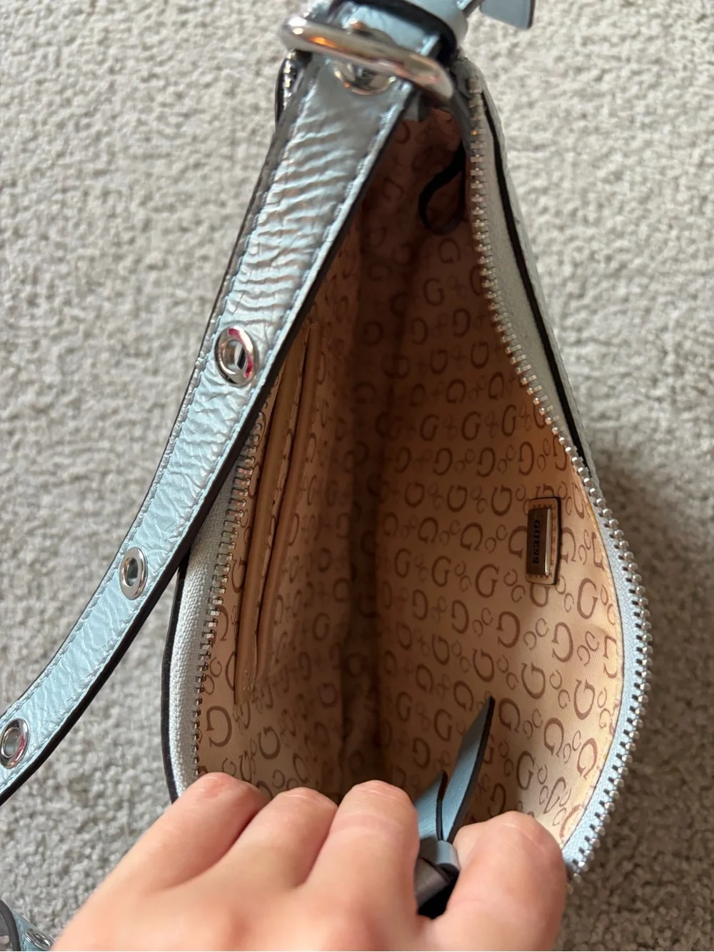 GUESS Metallic Light Silver Shoulder Bag with Stud Accents
